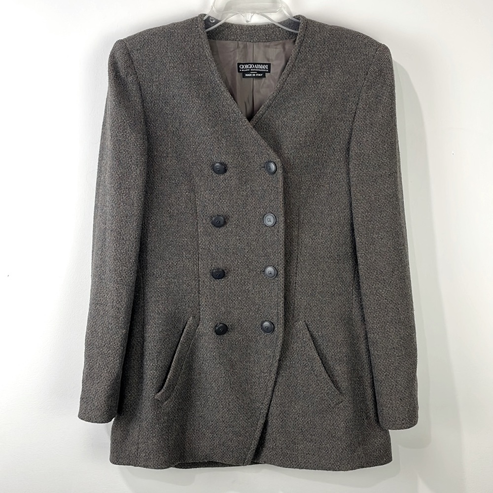 GIORGIO ARMANI Black Label Tweed Suit Jacket Collarless Blazer Women’s 44 / 8